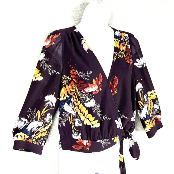 Madewell Womens S Wrap Style Blouse Burgundy Gold 3/4 Sleeve Bloomcore 70s Top - Picture 8 of 16